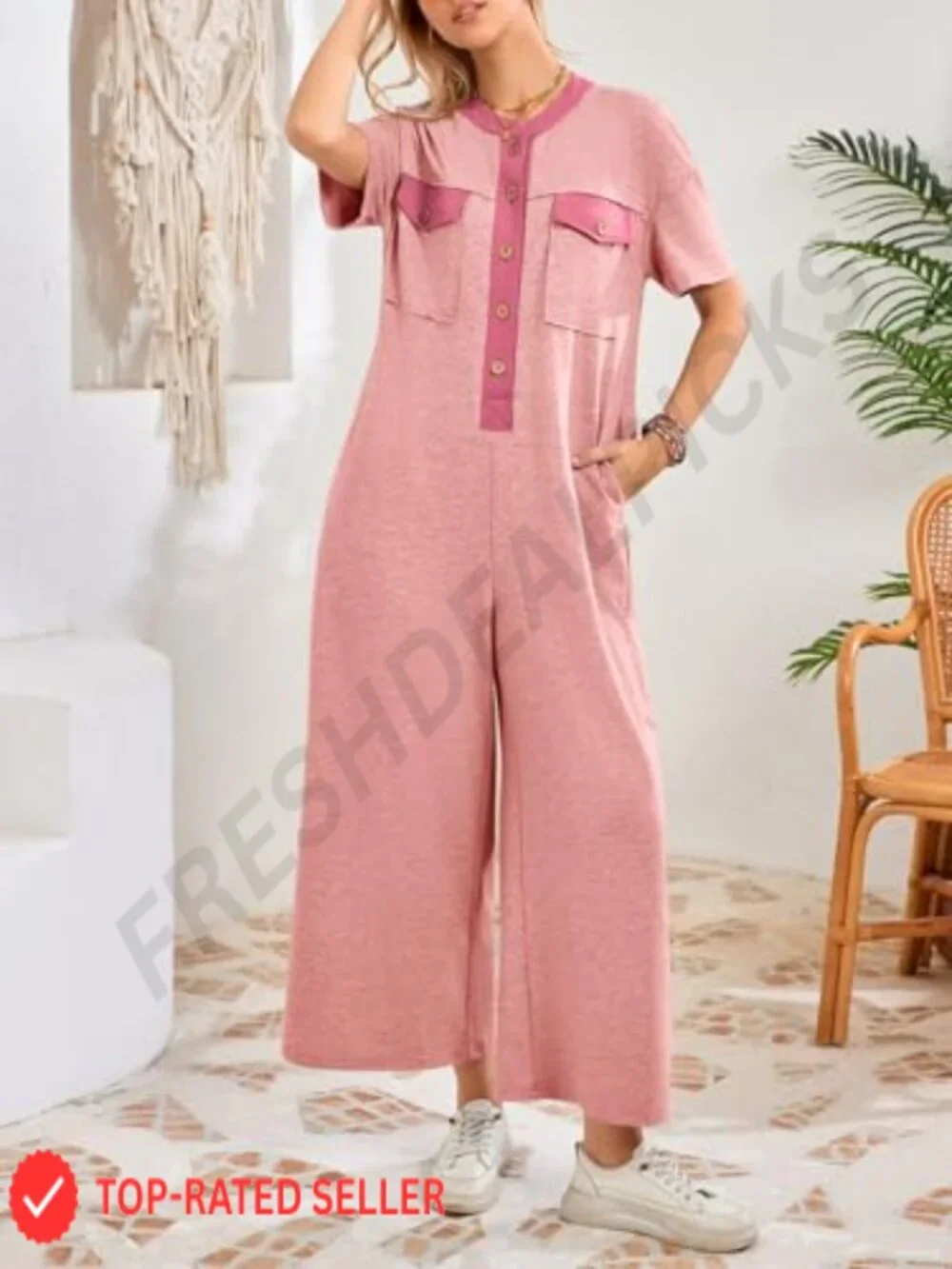 Women's Casual Loose Wide Leg Jumpsuit Short Sleeve V-Neck Button Romper